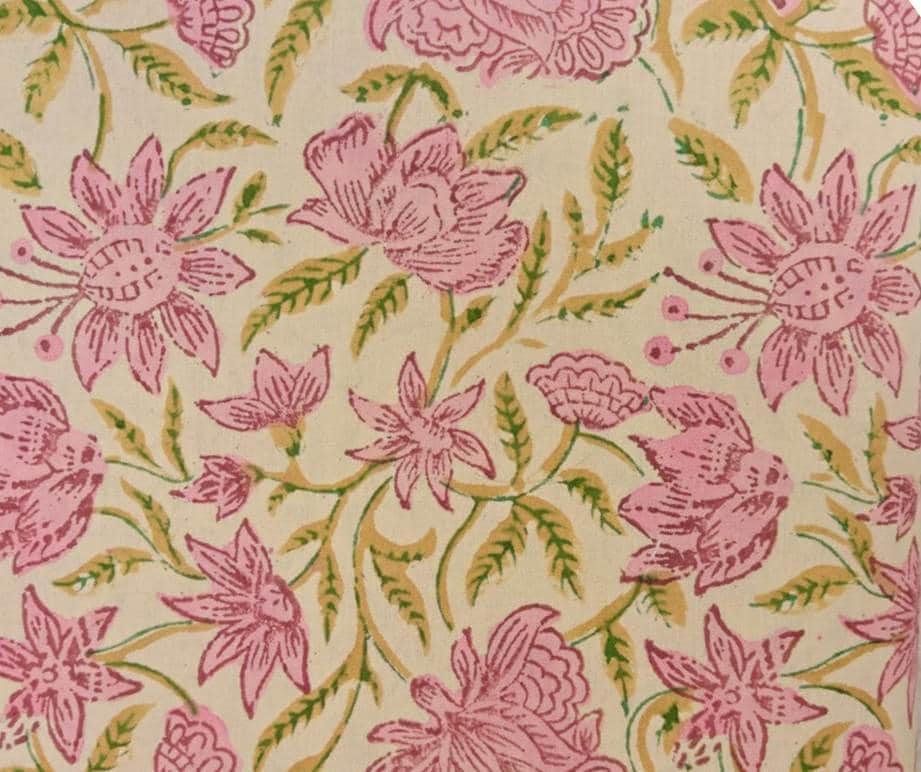 Floral Cotton Fabric by Yard, Beige Pink Block Print Cotton Fabric, Soft Indian Fabric for Sewing Quilting Dresses and Crafts Running Fabric
