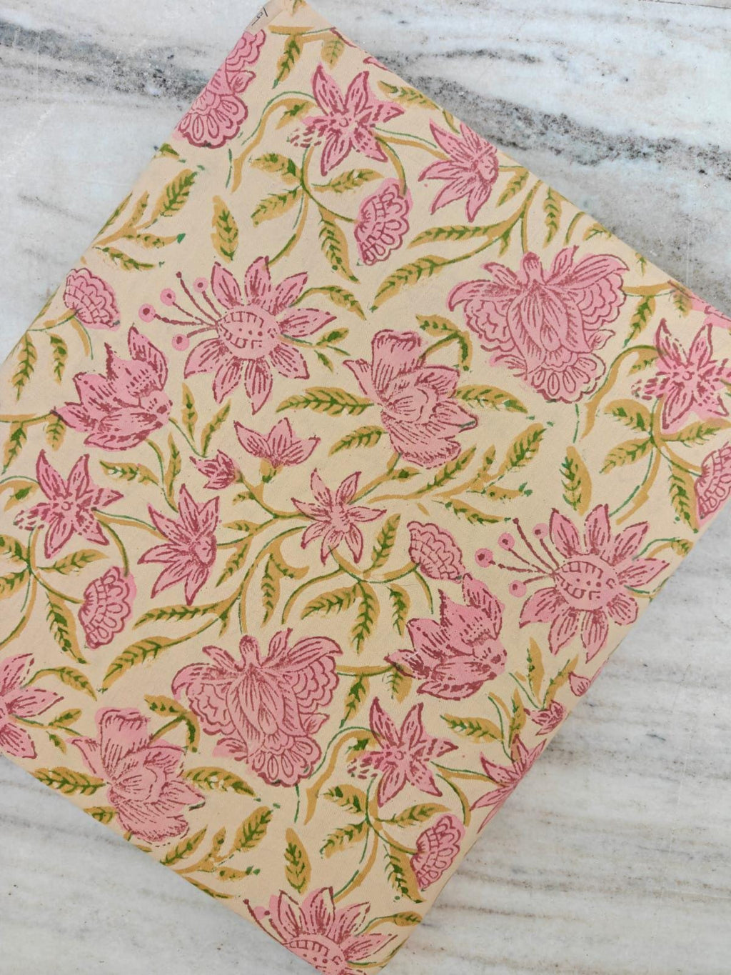 Floral Cotton Fabric by Yard, Beige Pink Block Print Cotton Fabric, Soft Indian Fabric for Sewing Quilting Dresses and Crafts Running Fabric