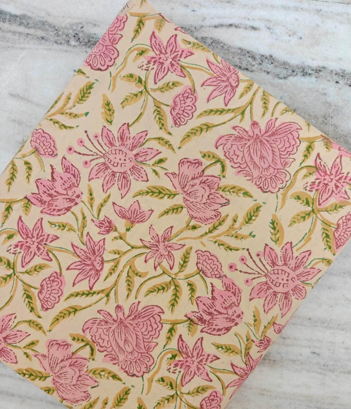 Floral Cotton Fabric by Yard, Beige Pink Block Print Cotton Fabric, Soft Indian Fabric for Sewing Quilting Dresses and Crafts Running Fabric