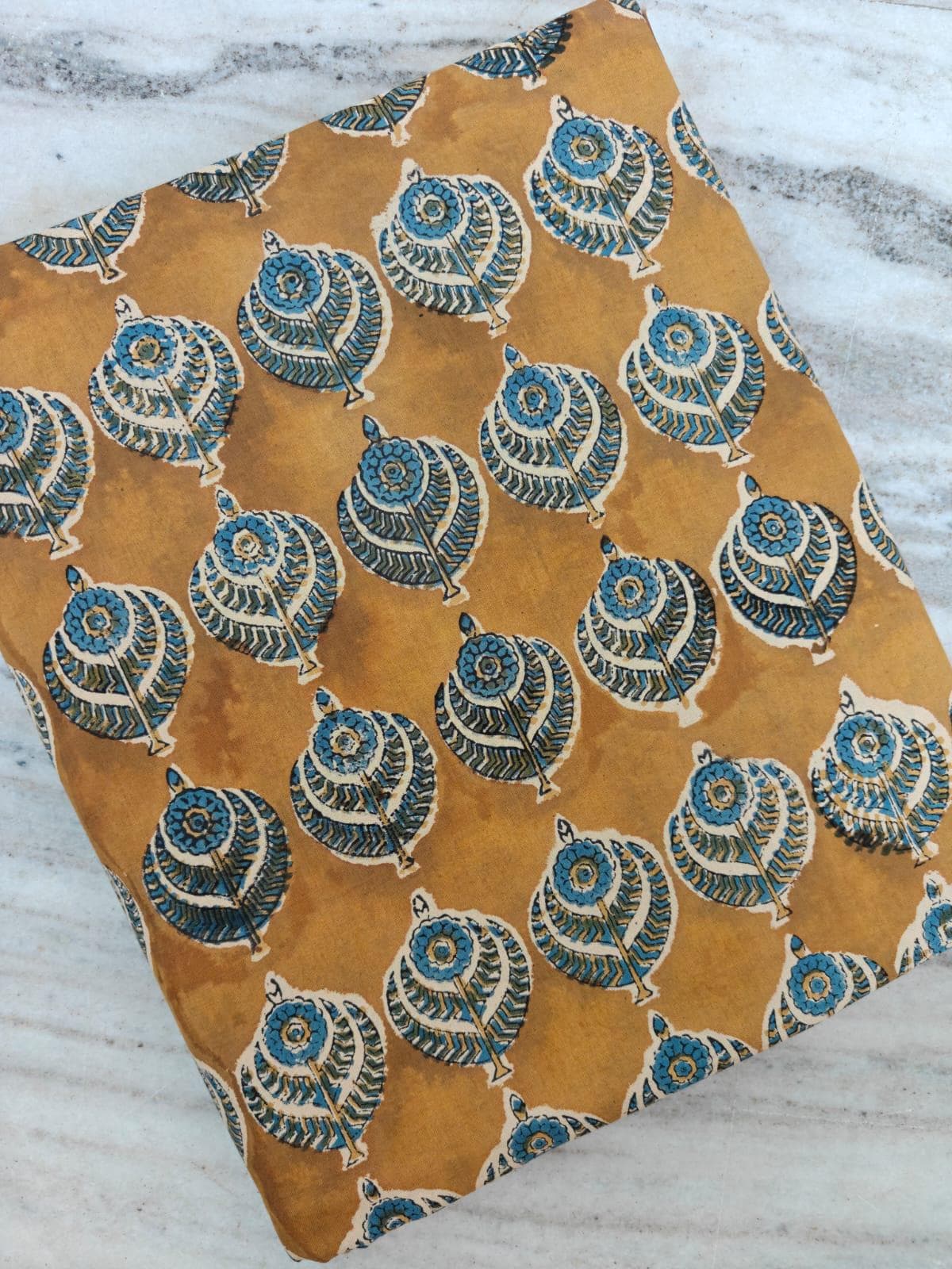 Hand Block Print Cotton Fabric by Yard, Mustard Blue Floral Boota Fabric, Indian Cotton Fabric, Handmade Fabric for Sewing Dresses Crafts