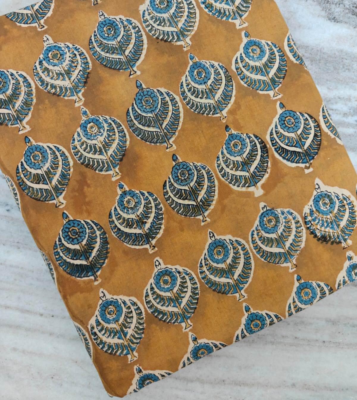 Hand Block Print Cotton Fabric by Yard, Mustard Blue Floral Boota Fabric, Indian Cotton Fabric, Handmade Fabric for Sewing Dresses Crafts