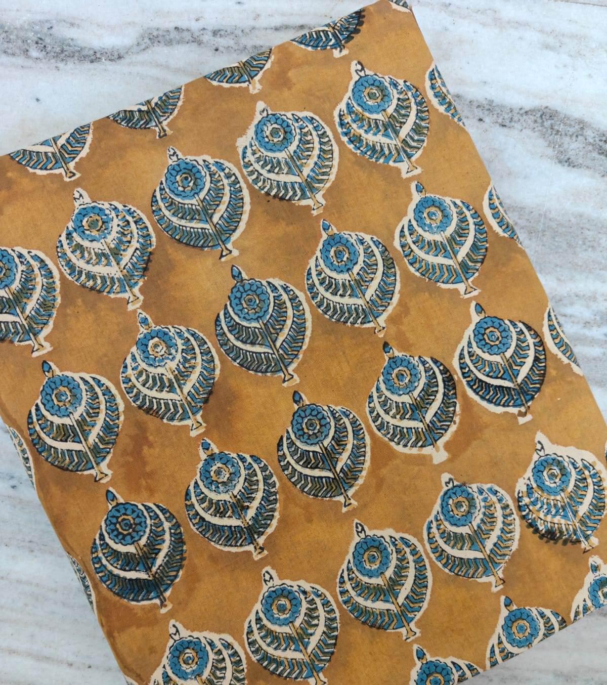 Hand Block Print Cotton Fabric by Yard, Mustard Blue Floral Boota Fabric, Indian Cotton Fabric, Handmade Fabric for Sewing Dresses Crafts