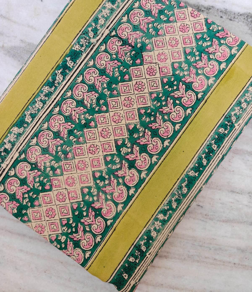 Hand Block Print Cotton Fabric by Yard, Green Pink Border Print Fabric, Indian Floral Cotton Fabric, Boho Fabric for Sewing Quilting Crafts