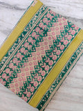 Hand Block Print Cotton Fabric by Yard, Green Pink Border Print Fabric, Indian Floral Cotton Fabric, Boho Fabric for Sewing Quilting Crafts