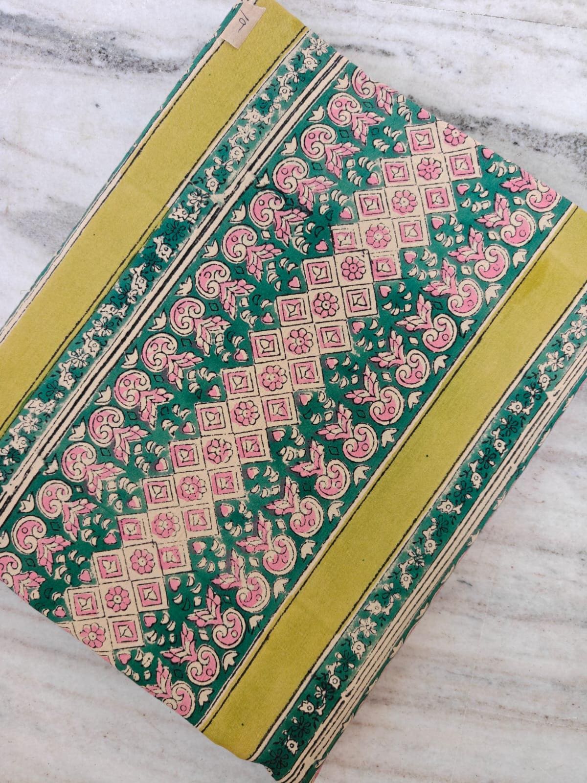 Hand Block Print Cotton Fabric by Yard, Green Pink Border Print Fabric, Indian Floral Cotton Fabric, Boho Fabric for Sewing Quilting Crafts