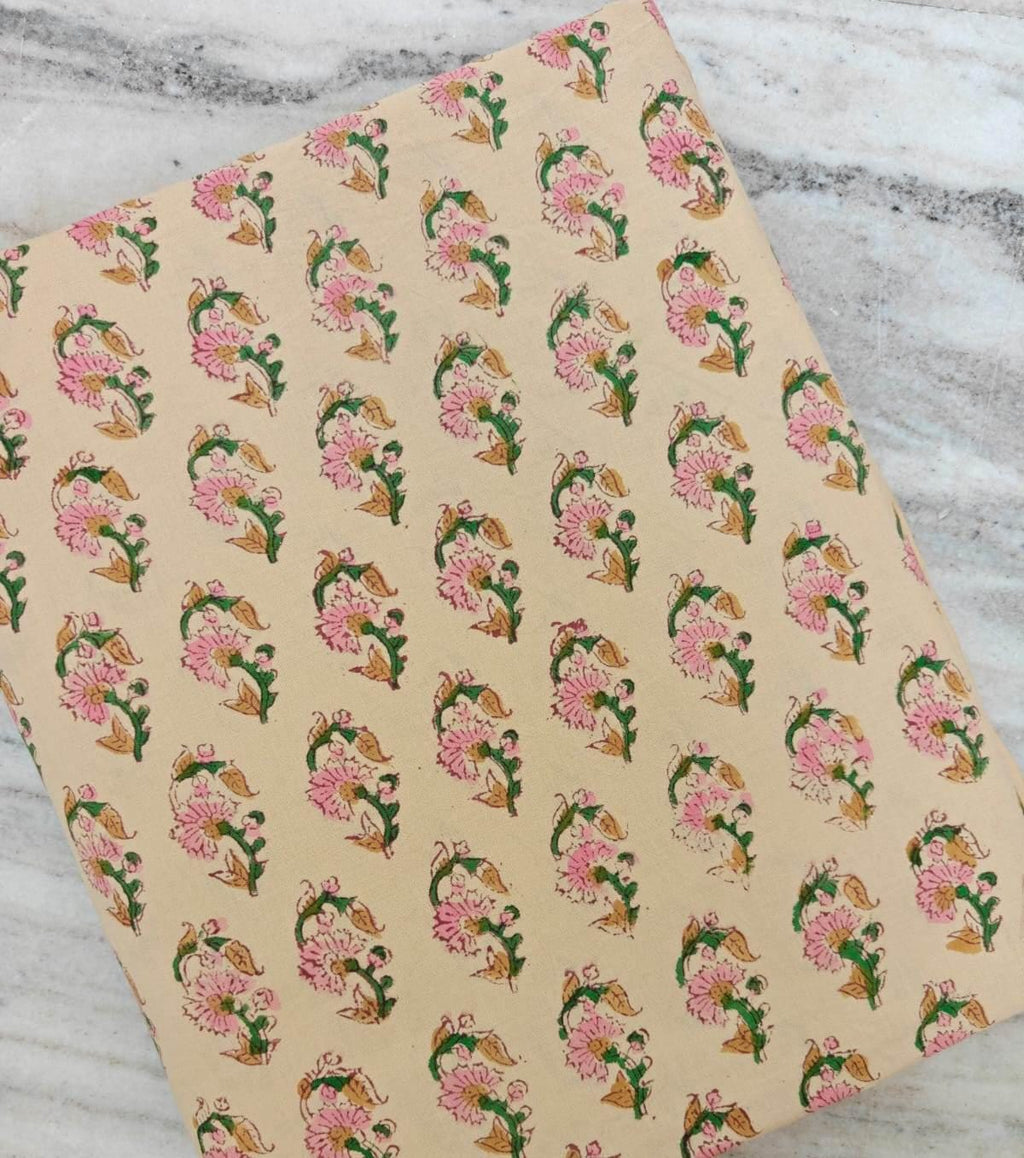 Hand Block Print Cotton Fabric by Yard, Pink Floral Booti Cotton Fabric, Indian Handmade Fabric for Sewing Quilting Dresses and Crafts