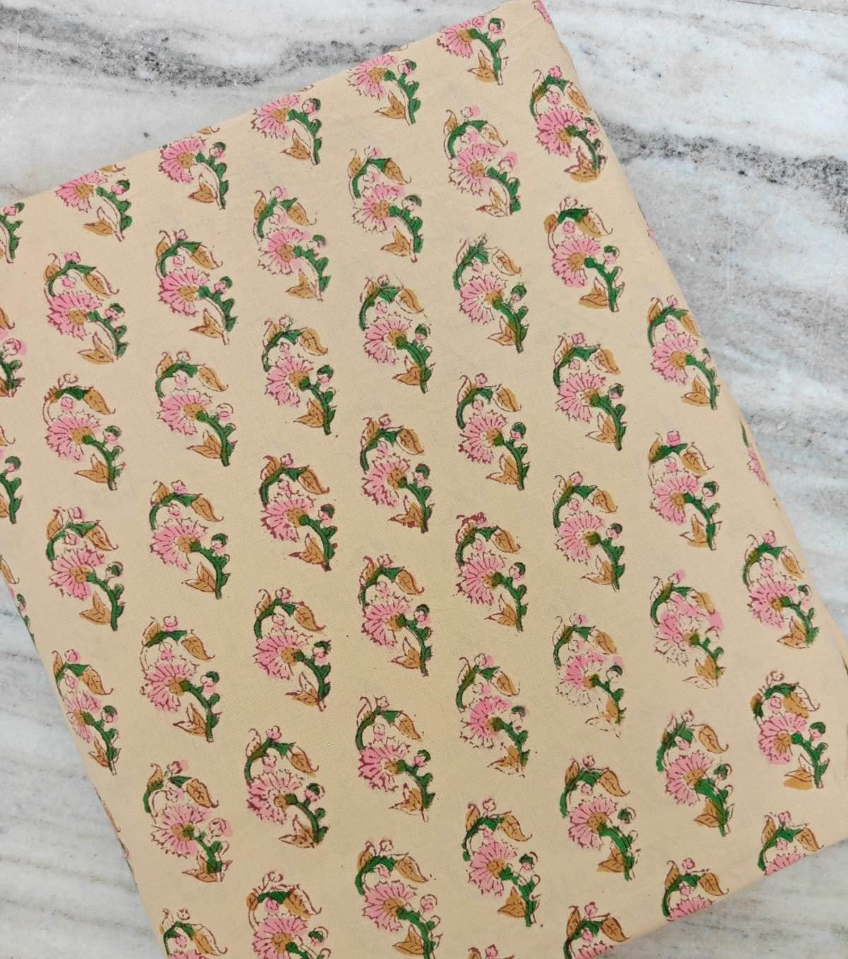 Hand Block Print Cotton Fabric by Yard, Pink Floral Booti Cotton Fabric, Indian Handmade Fabric for Sewing Quilting Dresses and Crafts