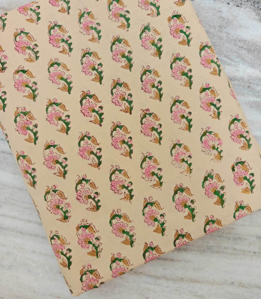 Hand Block Print Cotton Fabric by Yard, Pink Floral Booti Cotton Fabric, Indian Handmade Fabric for Sewing Quilting Dresses and Crafts