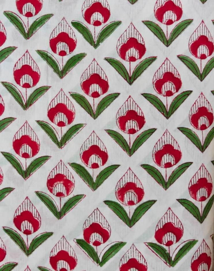 Red Floral Block Print Cotton Fabric by Yard, Indian Hand Block Print Fabric, White Cotton Fabric, Dressmaking Fabric, Quilting Fabric