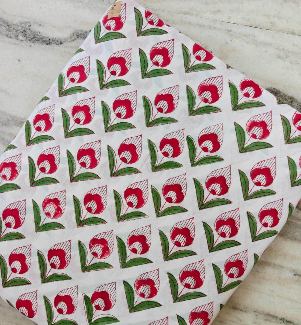 Red Floral Block Print Cotton Fabric by Yard, Indian Hand Block Print Fabric, White Cotton Fabric, Dressmaking Fabric, Quilting Fabric