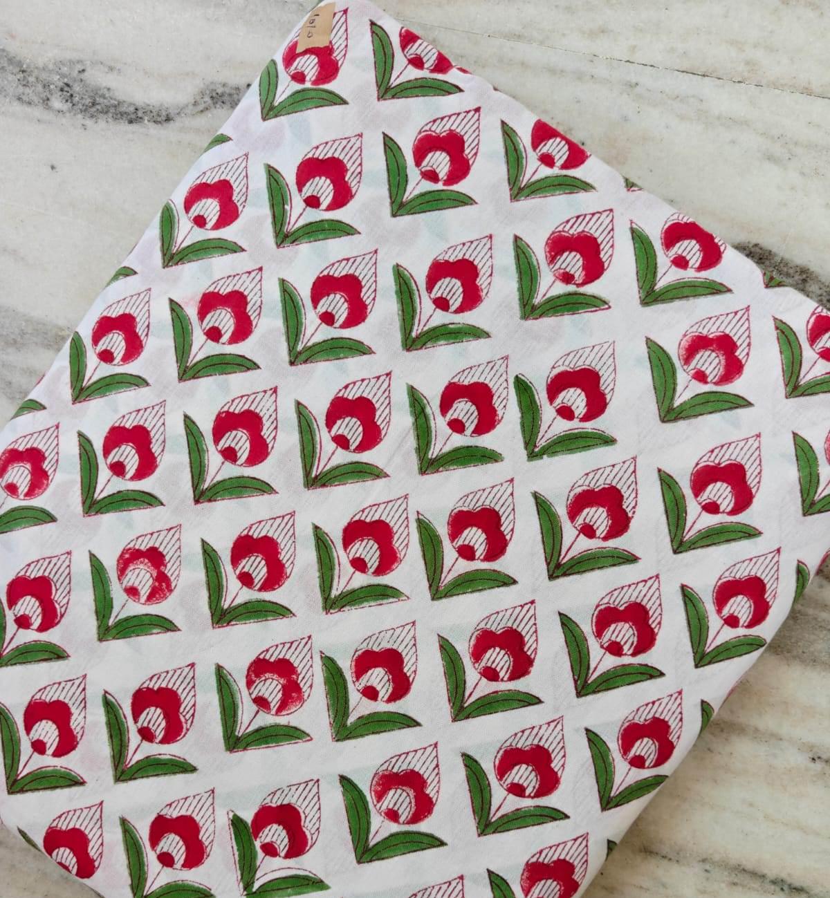 Red Floral Block Print Cotton Fabric by Yard, Indian Hand Block Print Fabric, White Cotton Fabric, Dressmaking Fabric, Quilting Fabric