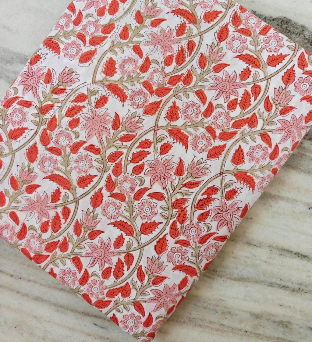 Pink Orange Floral Cotton Fabric by Yard, Indian Hand Block Print Fabric, Soft Cotton Sewing Fabric, Botanical Quilting Fabric, Table Cover