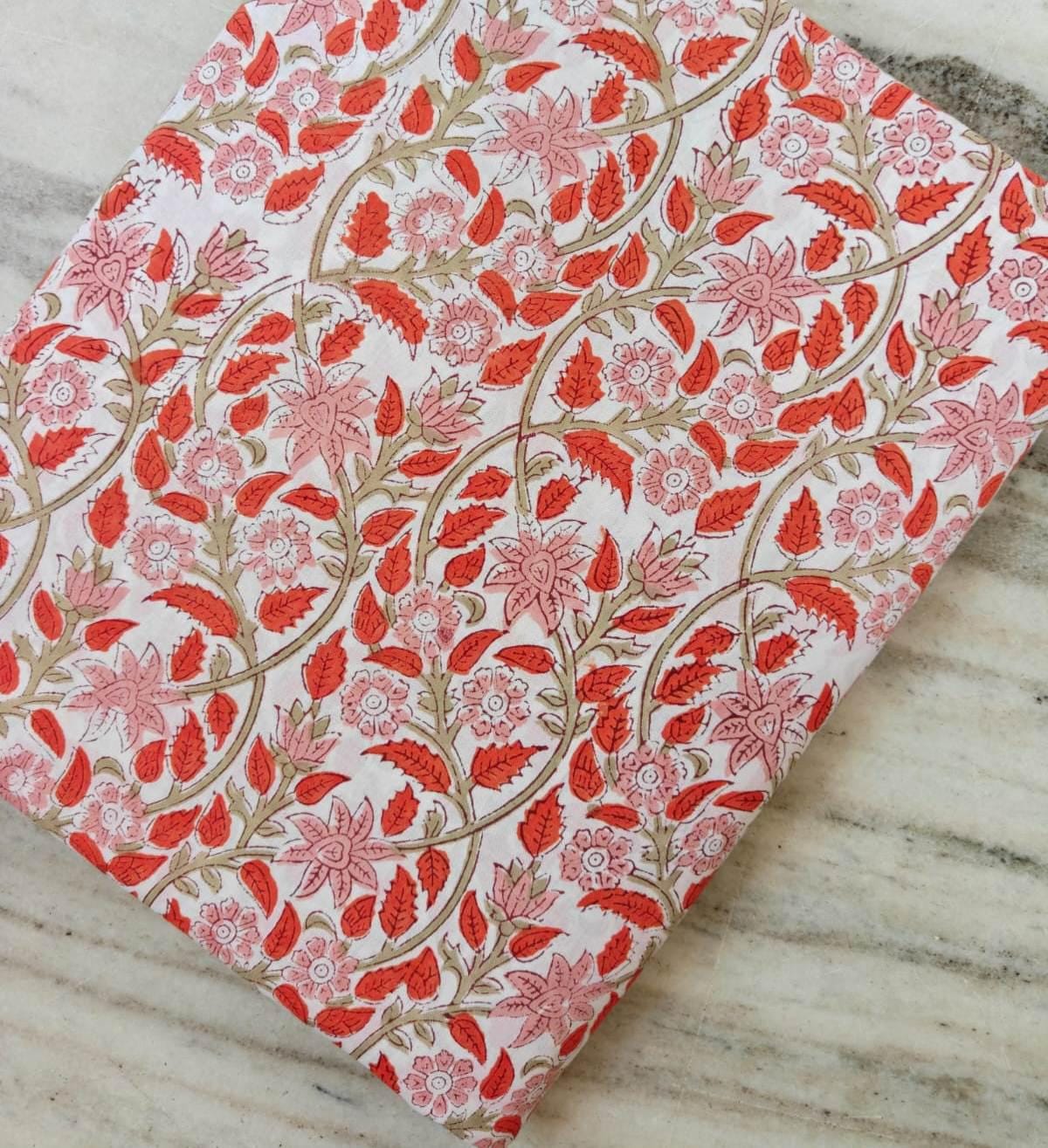 Pink Orange Floral Cotton Fabric by Yard, Indian Hand Block Print Fabric, Soft Cotton Sewing Fabric, Botanical Quilting Fabric, Table Cover