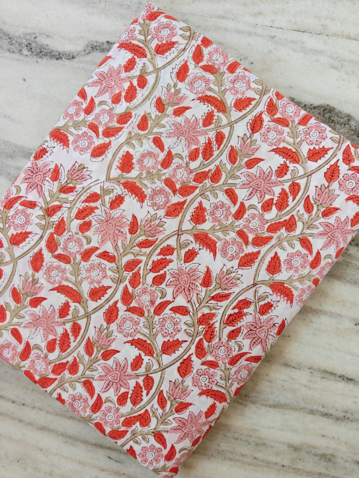 Pink Orange Floral Cotton Fabric by Yard, Indian Hand Block Print Fabric, Soft Cotton Sewing Fabric, Botanical Quilting Fabric, Table Cover