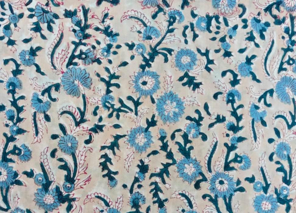 Blue Floral Cotton Fabric by Yard, Indian Hand Block Print Fabric, Soft Lightweight Cotton for Sewing Quilting Dress Making Fabric, Napkins