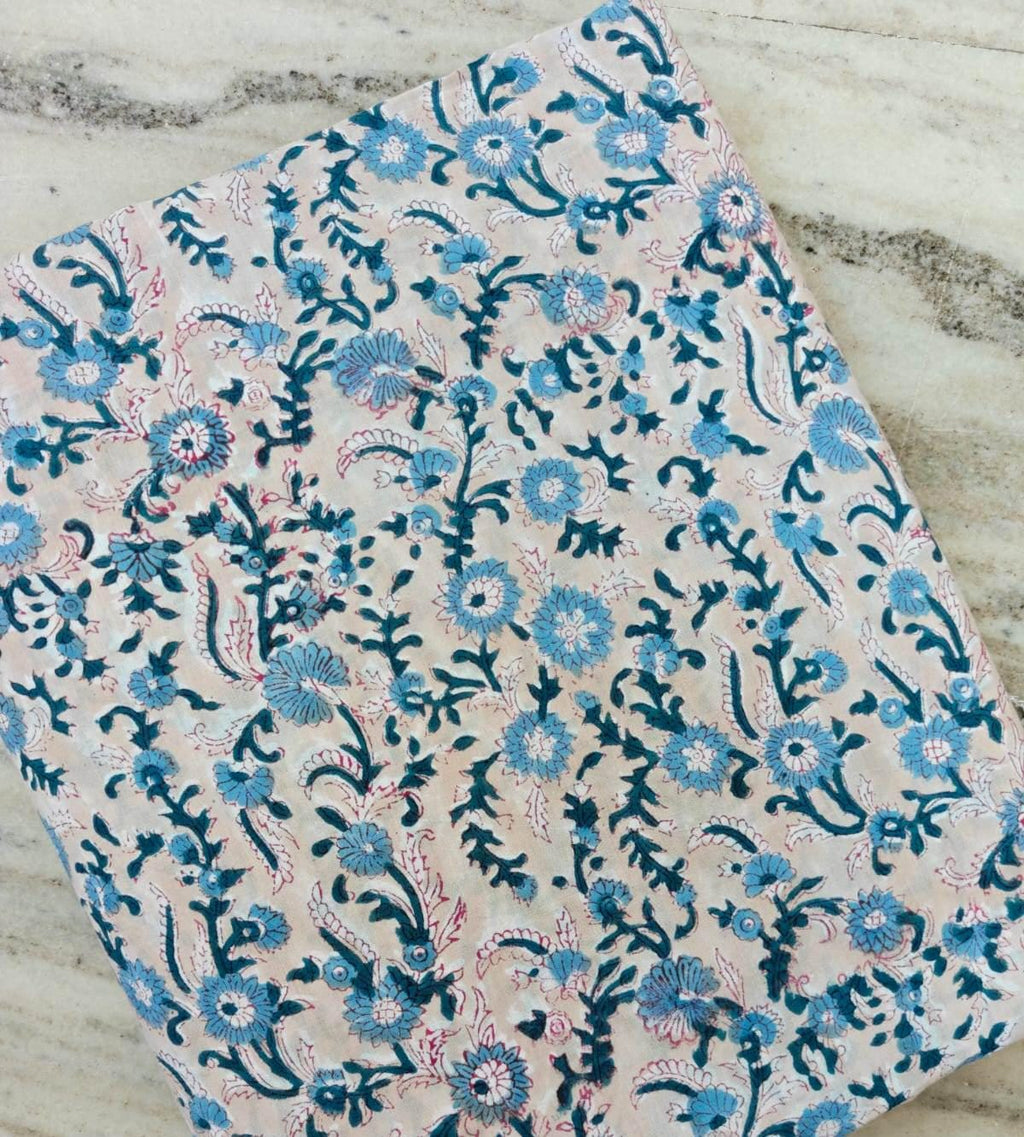 Blue Floral Cotton Fabric by Yard, Indian Hand Block Print Fabric, Soft Lightweight Cotton for Sewing Quilting Dress Making Fabric, Napkins
