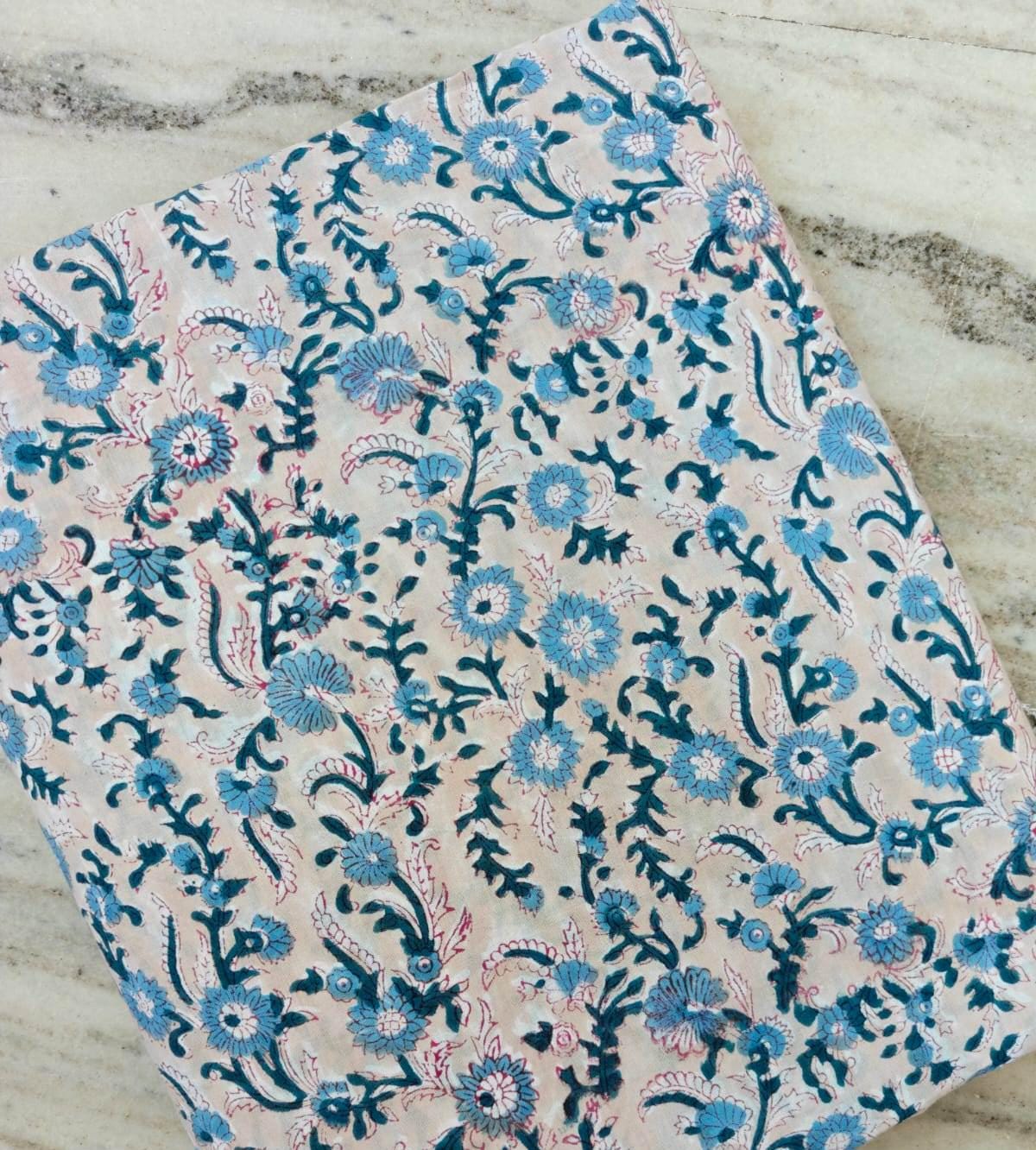 Blue Floral Cotton Fabric by Yard, Indian Hand Block Print Fabric, Soft Lightweight Cotton for Sewing Quilting Dress Making Fabric, Napkins