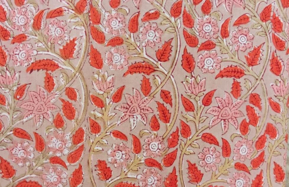 Pink Orange Floral Cotton Fabric by Yard, Indian Hand Block Print Fabric, Soft Cotton Material for Sewing Quilting Dressmaking, Napkins