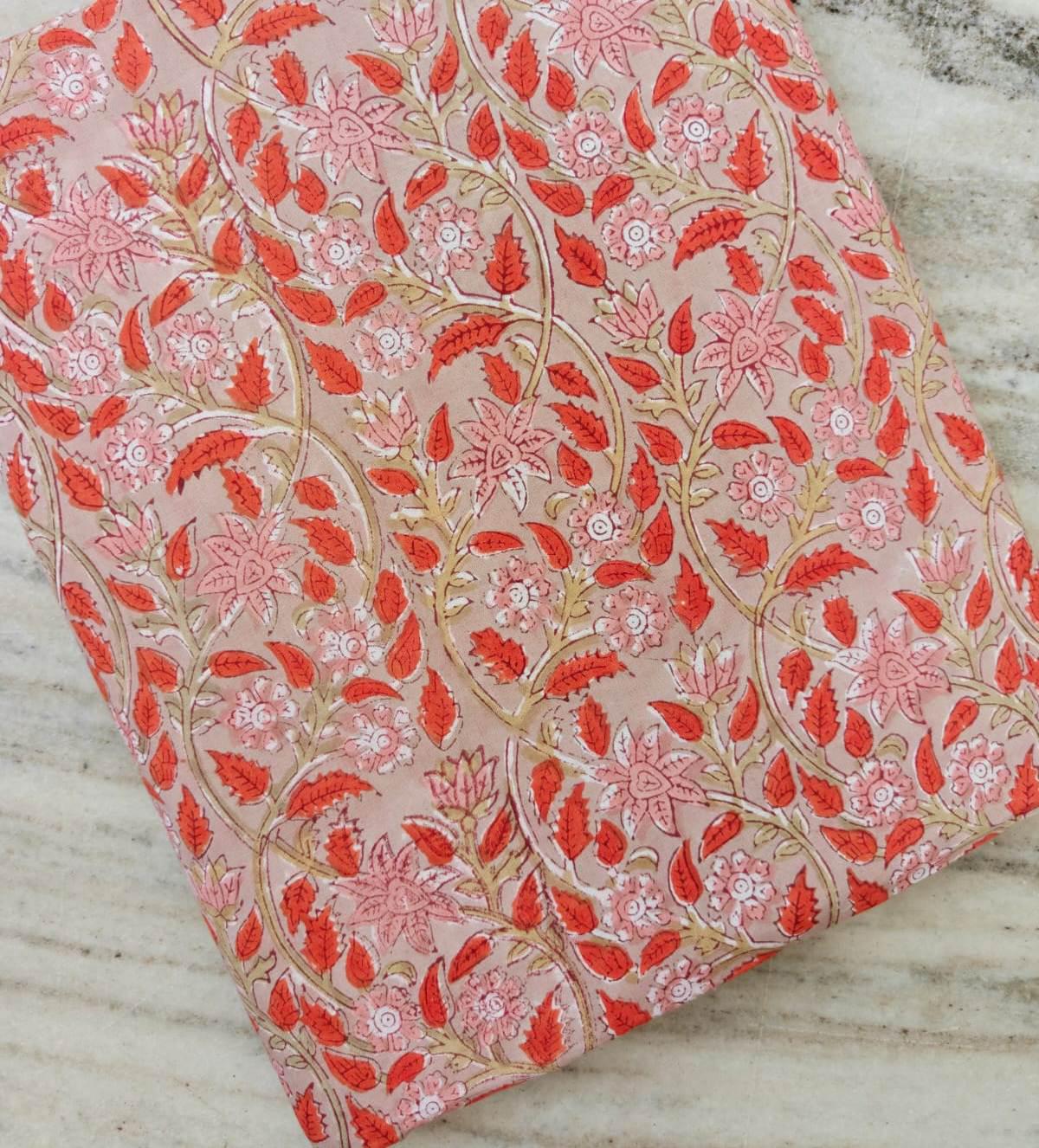 Pink Orange Floral Cotton Fabric by Yard, Indian Hand Block Print Fabric, Soft Cotton Material for Sewing Quilting Dressmaking, Napkins