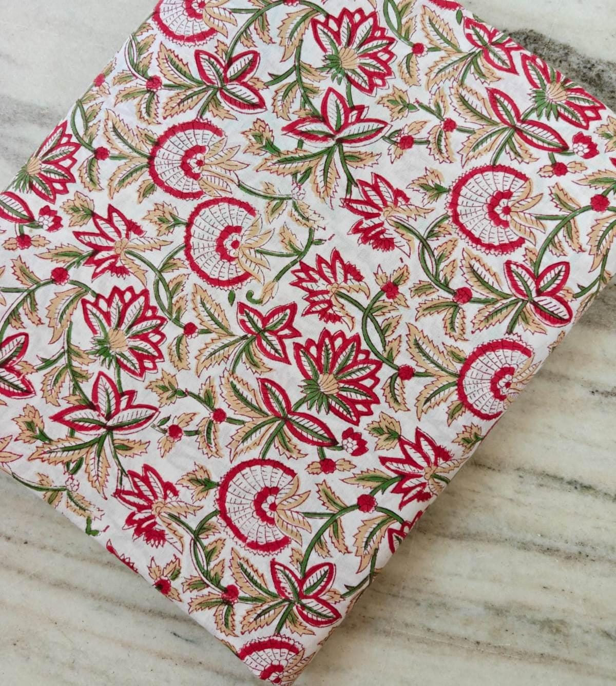 Hand Block Print Cotton Fabric by Yard, Red Floral Indian Cotton Fabric, Soft Mulmul Cotton Textile for Dresses, Quilting Craft & Home Decor