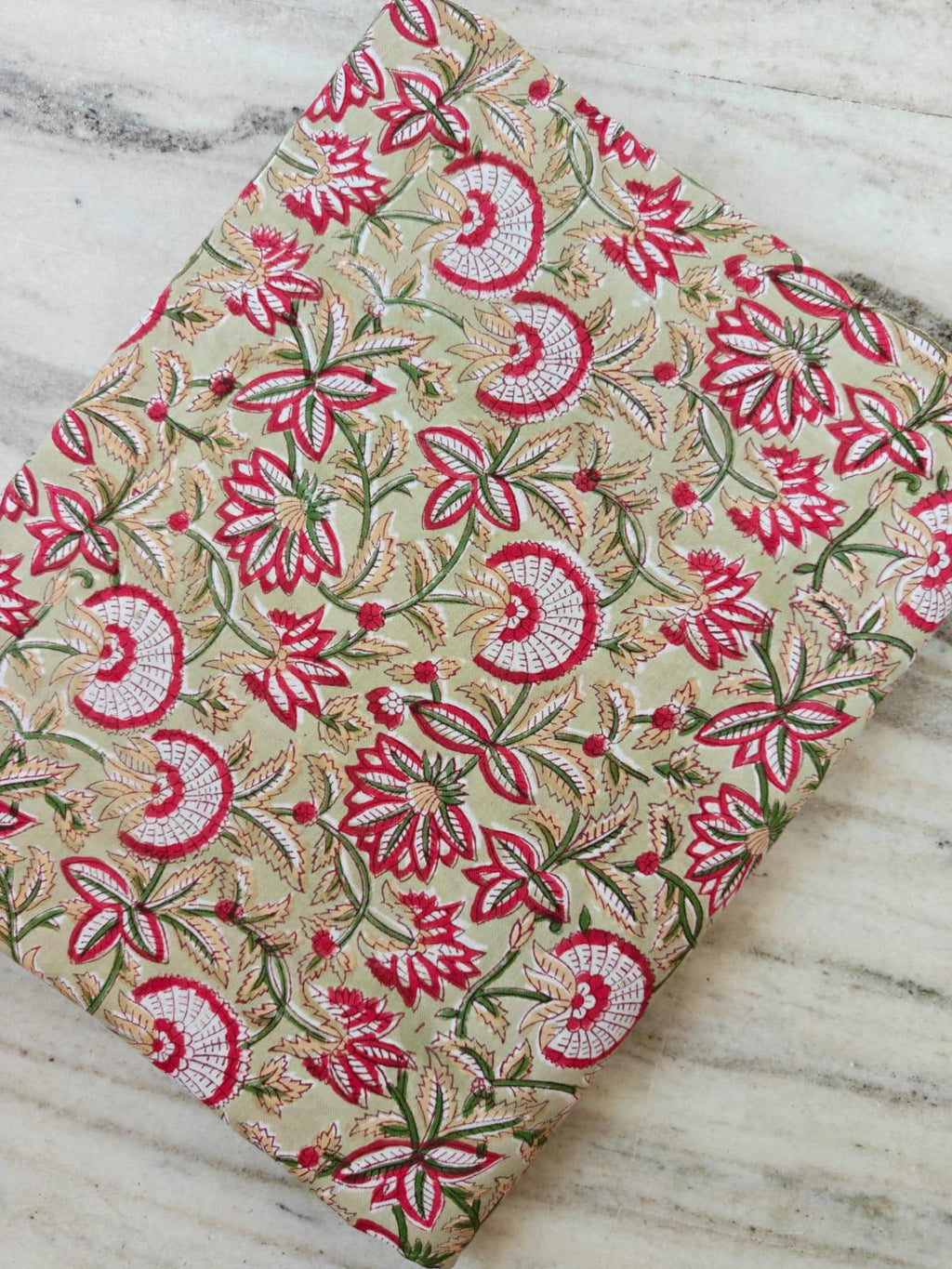Beige Floral Cotton Fabric by Yard, Indian Hand Block Print Fabric, Soft Cotton Sewing Fabric for Dresses, Quilting Home Decor, Loose Fabric