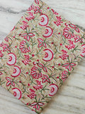 Beige Floral Cotton Fabric by Yard, Indian Hand Block Print Fabric, Soft Cotton Sewing Fabric for Dresses, Quilting Home Decor, Loose Fabric