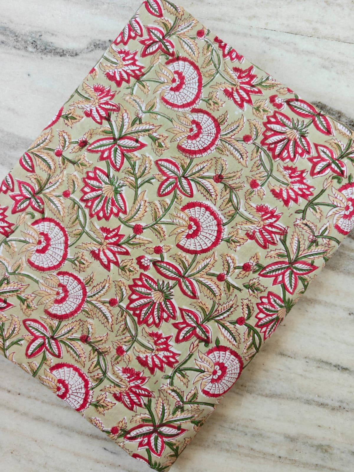 Beige Floral Cotton Fabric by Yard, Indian Hand Block Print Fabric, Soft Cotton Sewing Fabric for Dresses, Quilting Home Decor, Loose Fabric