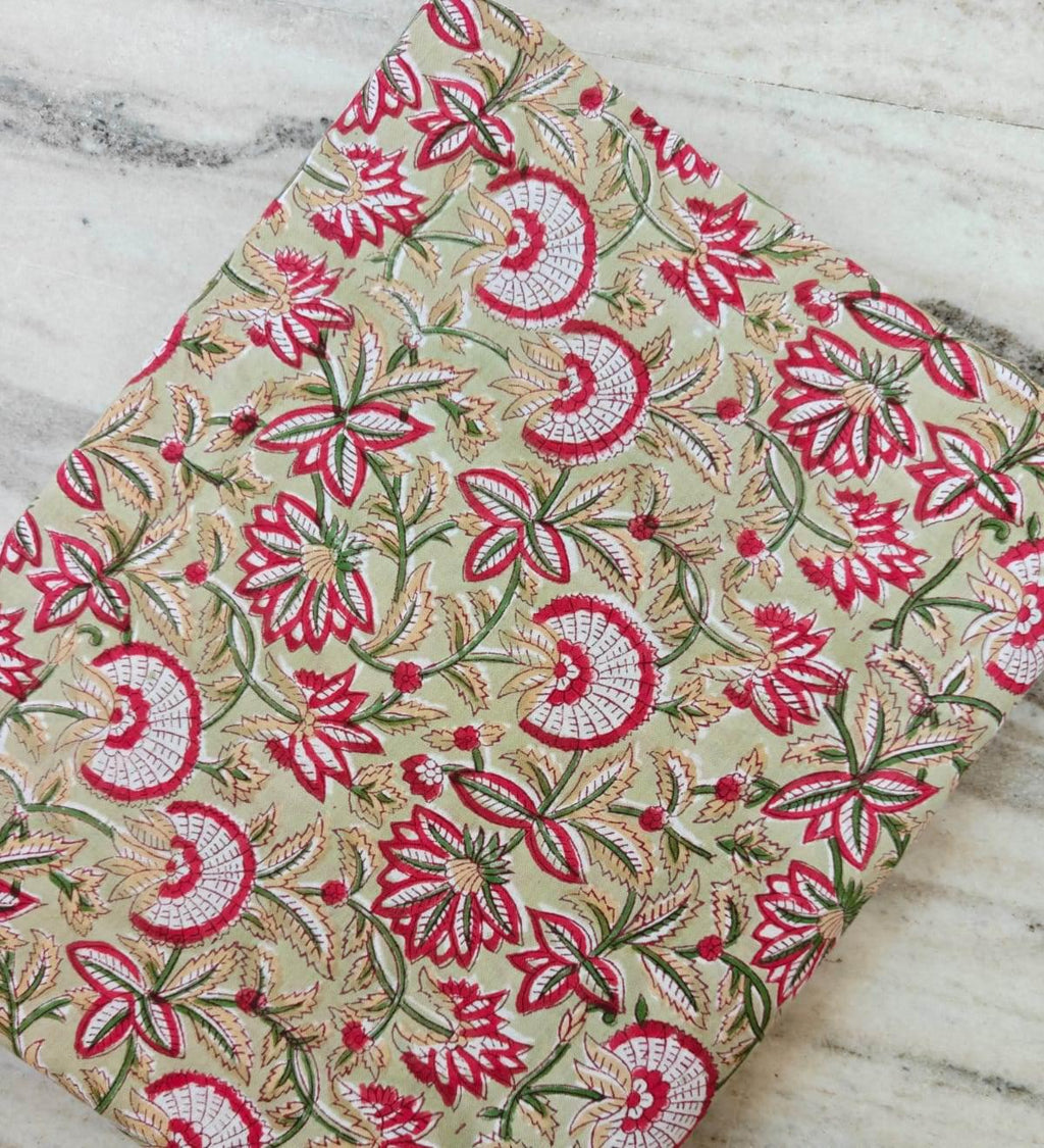 Beige Floral Cotton Fabric by Yard, Indian Hand Block Print Fabric, Soft Cotton Sewing Fabric for Dresses, Quilting Home Decor, Loose Fabric