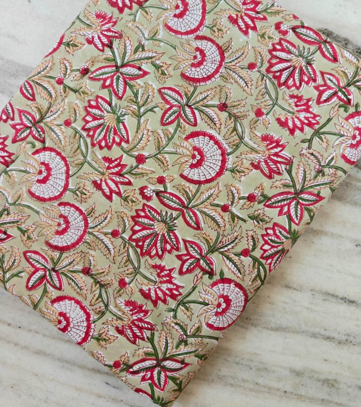 Beige Floral Cotton Fabric by Yard, Indian Hand Block Print Fabric, Soft Cotton Sewing Fabric for Dresses, Quilting Home Decor, Loose Fabric
