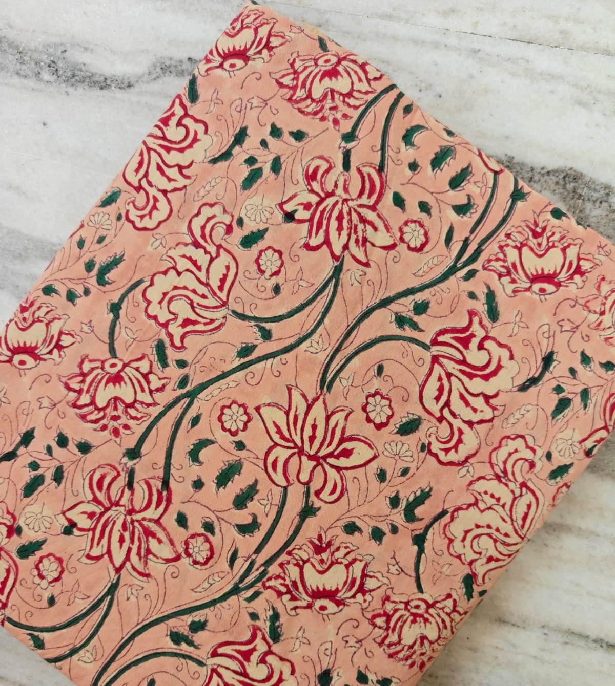 Peach Floral Cotton Fabric by The Yard, Indian Hand Block Print Fabric, Soft Botanical Cotton for Sewing, Dresses, Quilting & Home Decor