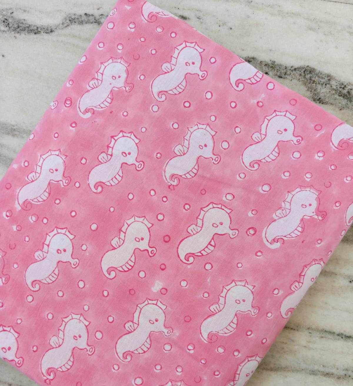Pink Seahorse Cotton Fabric by the Yard, Cute Ocean Print Quilting Fabric, Under the Sea Nursery Fabric, Coastal Sewing Loose Running Fabric