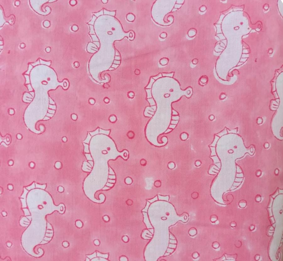 Pink Seahorse Cotton Fabric by the Yard, Cute Ocean Print Quilting Fabric, Under the Sea Nursery Fabric, Coastal Sewing Loose Running Fabric