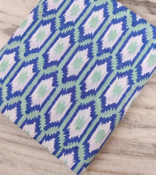 Blue Geometric Cotton Fabric by Yard, Hand Block Print Fabric, Indian Cotton Textile, Quilting Sewing Craft Fabric, Boho Home Decor Material