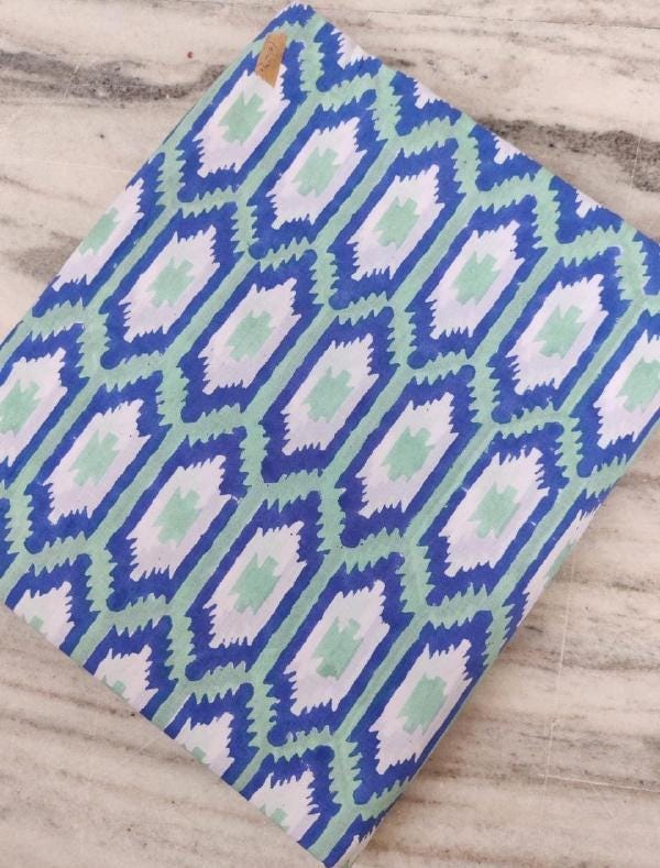 Blue Geometric Cotton Fabric by Yard, Hand Block Print Fabric, Indian Cotton Textile, Quilting Sewing Craft Fabric, Boho Home Decor Material