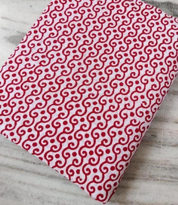 Red White Cotton Fabric by Yard, Hand Block Print Fabric, Indian Printed Cotton Textile, Quilting Sewing Craft Fabric, Boho Dressmaking