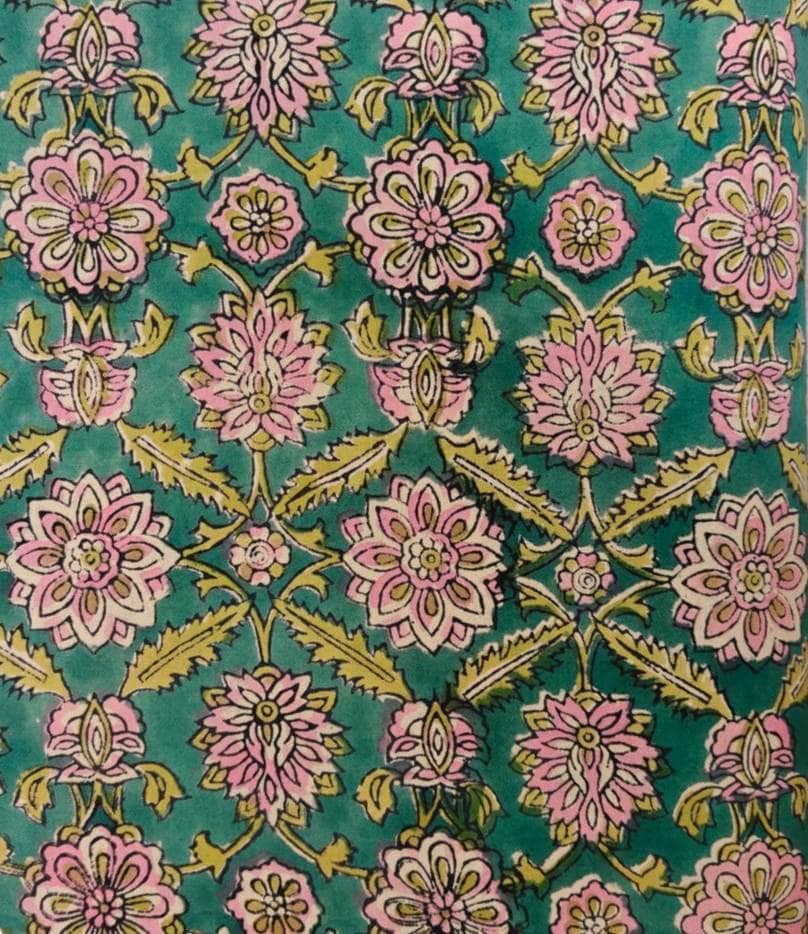 Teal Pink Floral Cotton Fabric by Yard, Indian Block Print Fabric, Boho Botanical Cotton for Sewing Quilting Dressmaking Crafts, Napkins