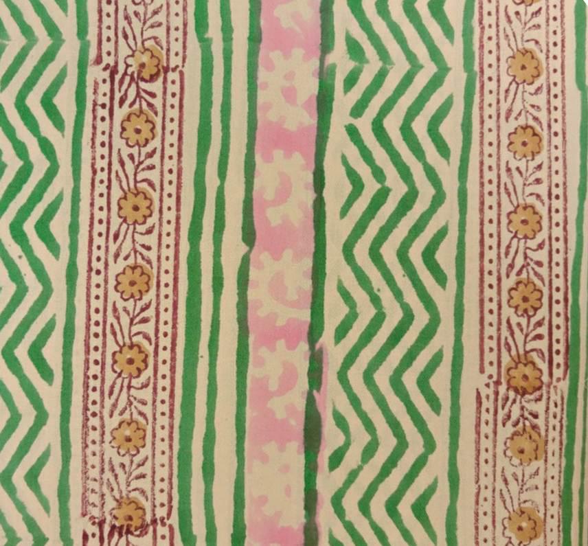 Green Pink Striped Cotton Fabric by Yard, Hand Block Print Indian Fabric, Boho Geometric Floral Cotton for Sewing Quilting Crafts