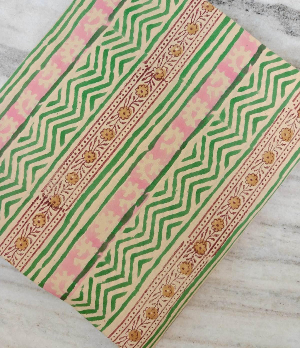 Green Pink Striped Cotton Fabric by Yard, Hand Block Print Indian Fabric, Boho Geometric Floral Cotton for Sewing Quilting Crafts