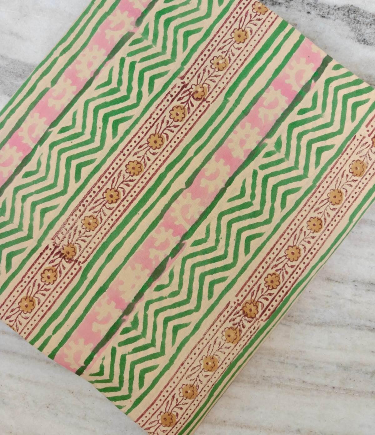Green Pink Striped Cotton Fabric by Yard, Hand Block Print Indian Fabric, Boho Geometric Floral Cotton for Sewing Quilting Crafts