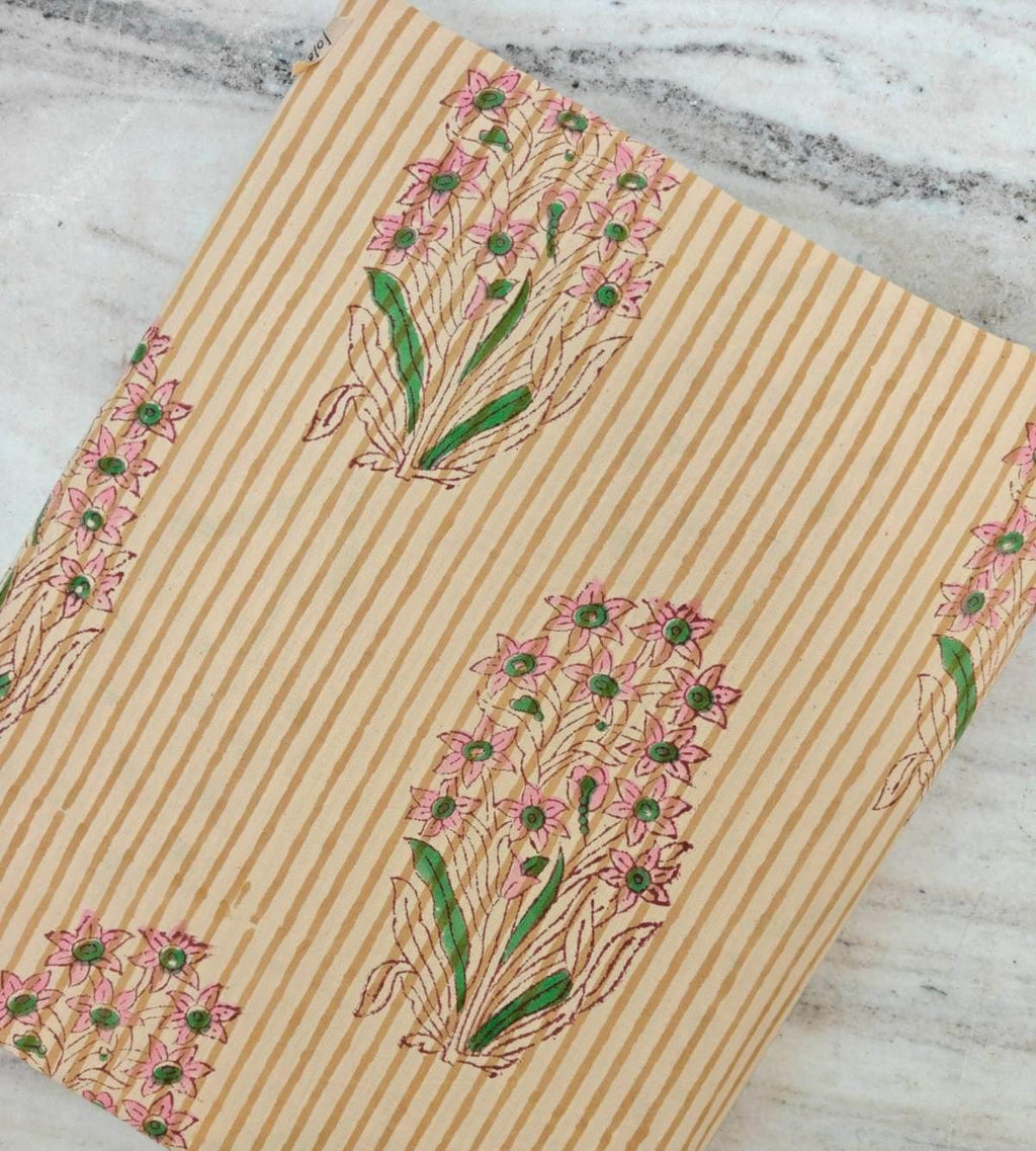 Hand Block Print Cotton Fabric | Beige Stripe Floral Cotton Fabric | Soft Lightweight Craft & Apparel Fabric, Loose Running Fabric, Napkins