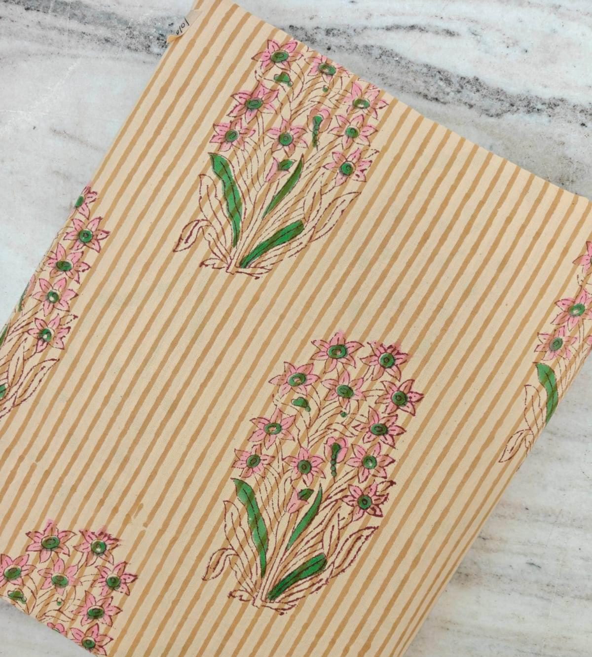 Hand Block Print Cotton Fabric | Beige Stripe Floral Cotton Fabric | Soft Lightweight Craft & Apparel Fabric, Loose Running Fabric, Napkins