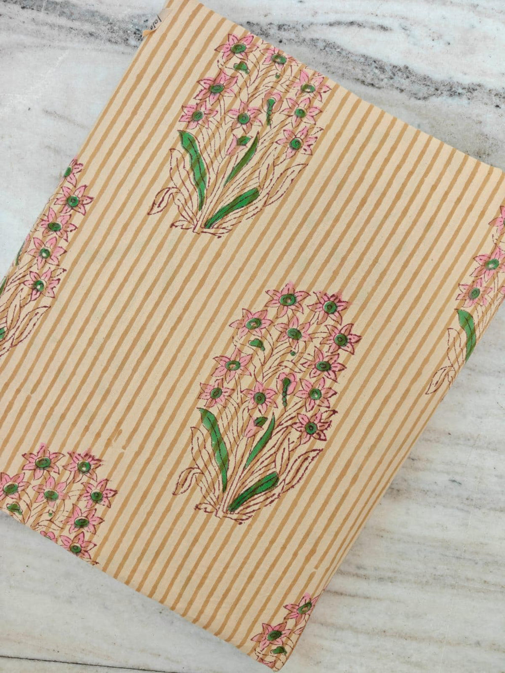 Hand Block Print Cotton Fabric | Beige Stripe Floral Cotton Fabric | Soft Lightweight Craft & Apparel Fabric, Loose Running Fabric, Napkins