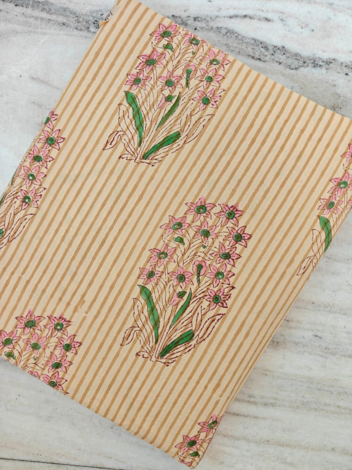 Hand Block Print Cotton Fabric | Beige Stripe Floral Cotton Fabric | Soft Lightweight Craft & Apparel Fabric, Loose Running Fabric, Napkins