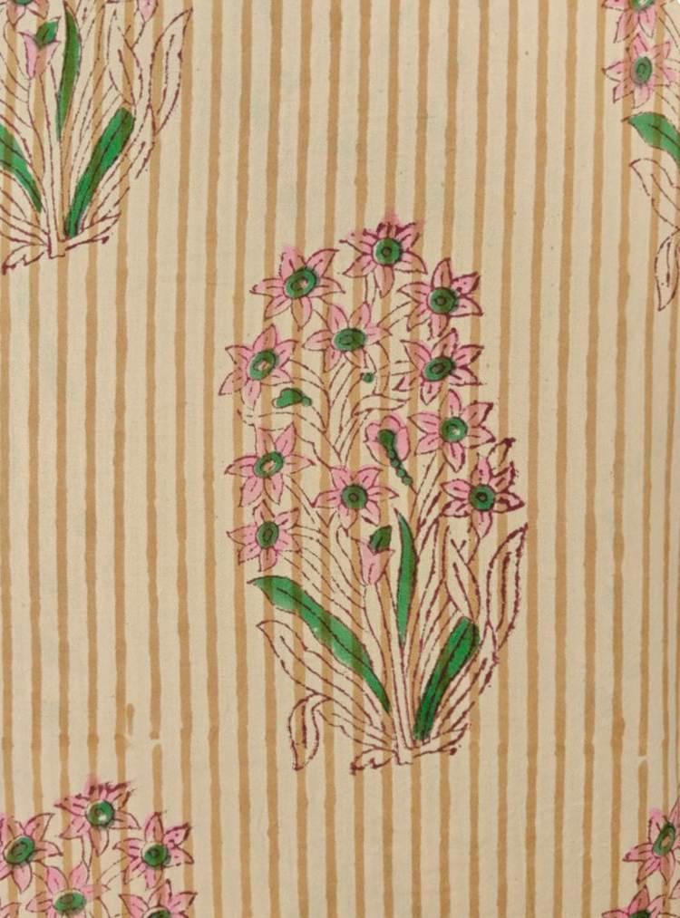 Hand Block Print Cotton Fabric | Beige Stripe Floral Cotton Fabric | Soft Lightweight Craft & Apparel Fabric, Loose Running Fabric, Napkins