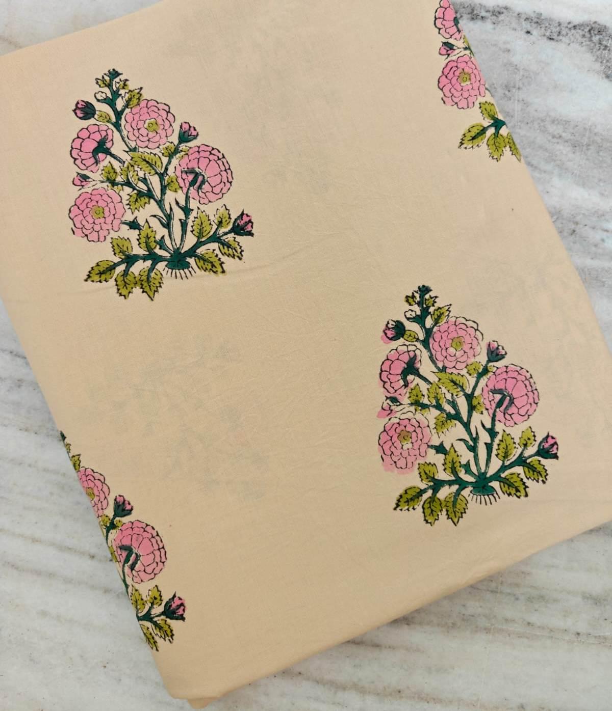 Hand Block Print Cotton Fabric, Beige Floral Cotton Fabric, Soft Indian Printed Fabric for Dresses, Quilting & Crafts, Table Cover, Napkins
