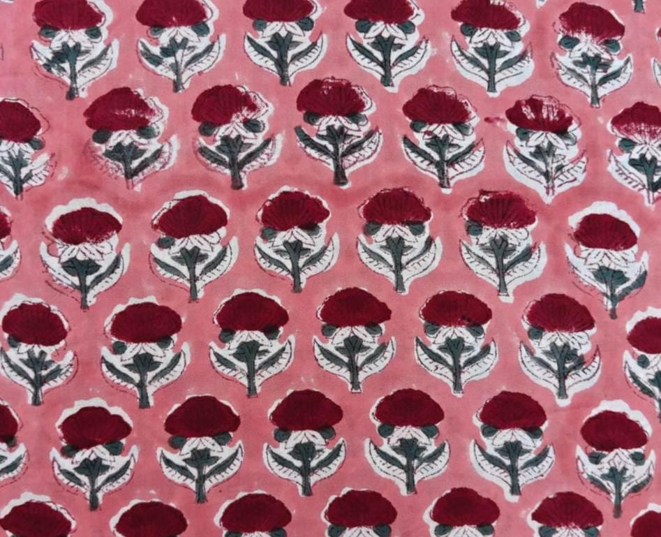 Pink Floral Block Print Cotton Fabric by Yard, Hand Block Printed Indian Cotton Fabric, Red Flower Print Fabric Dresses, Quilts & Crafting