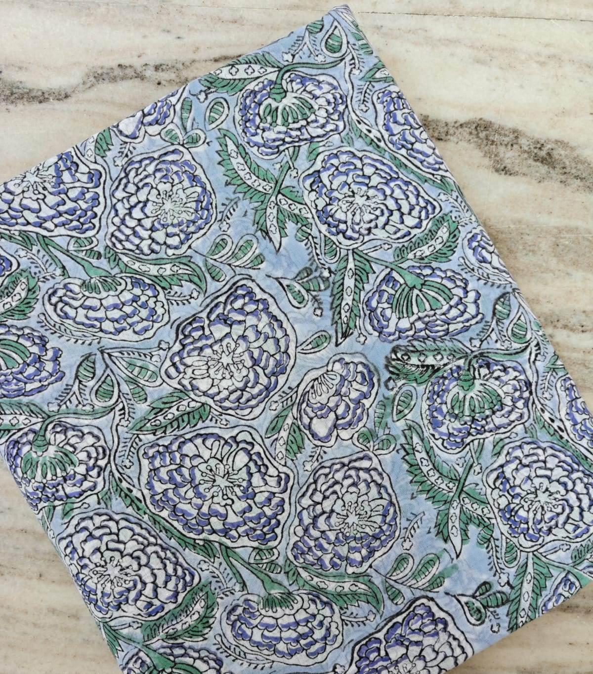 Blue Floral Cotton Fabric by Yard Indian Hand Block Print Fabric Soft Lightweight Cotton Fabric for Quilting Dressmaking Boho Craft Textile