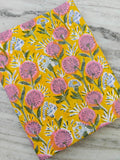 Yellow Color Indian Hand Block Print Fabric, Floral 100% Cotton Quilting Fabric By The Yard, Dressmaking Fabric, Napkins Fabric Loose Fabric