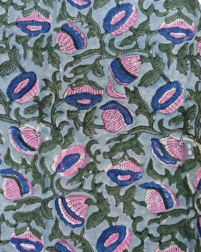 Blue Pink Floral Hand Block Print Cotton Fabric by Yard, Indian Cotton Fabric for Sewing, Dresses, Quilting & Crafts, Loose Running Fabric