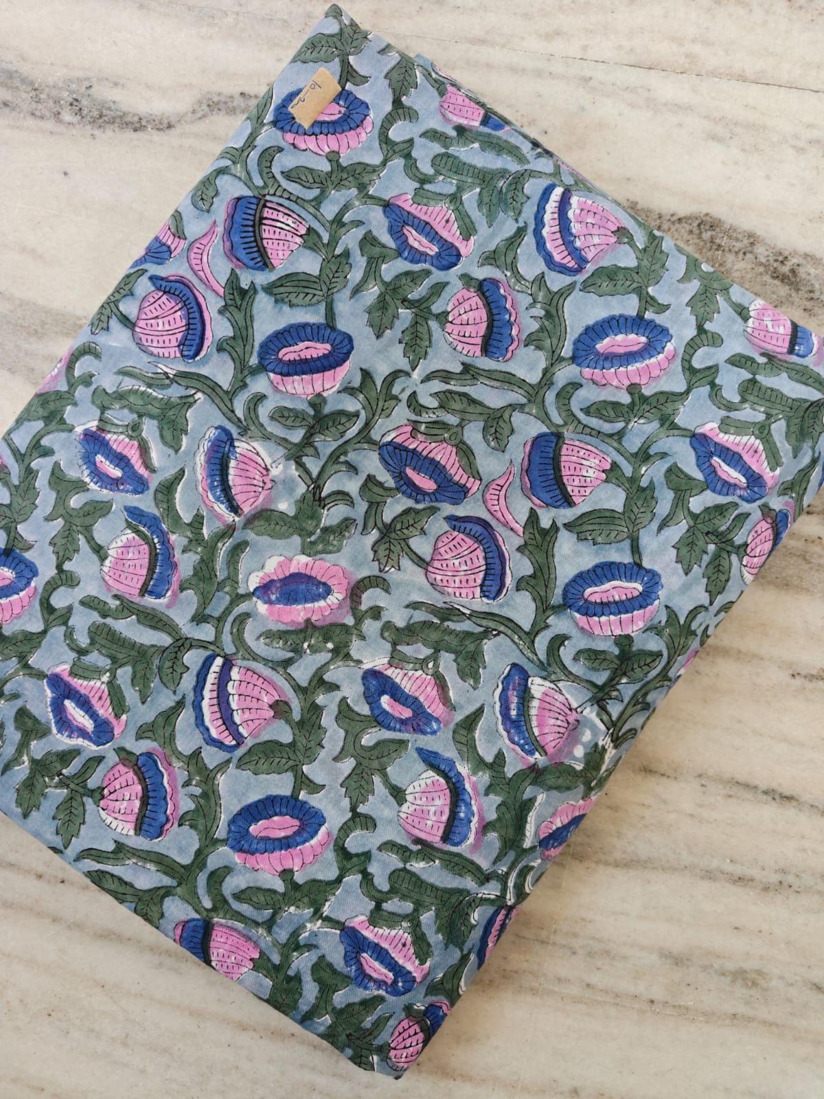 Blue Pink Floral Hand Block Print Cotton Fabric by Yard, Indian Cotton Fabric for Sewing, Dresses, Quilting & Crafts, Loose Running Fabric